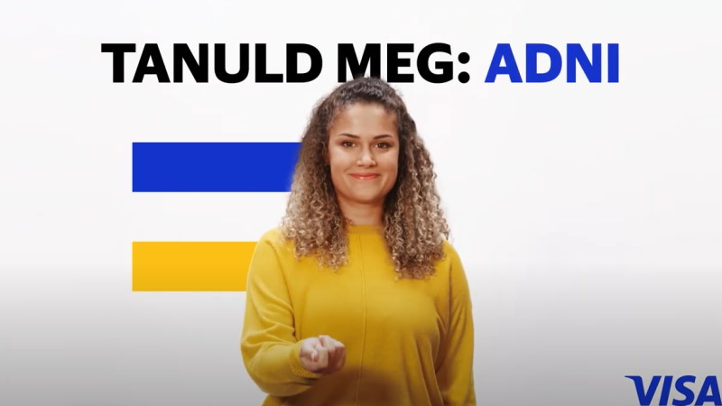 woman in yellow in front of visa flag and tanuld meg adni