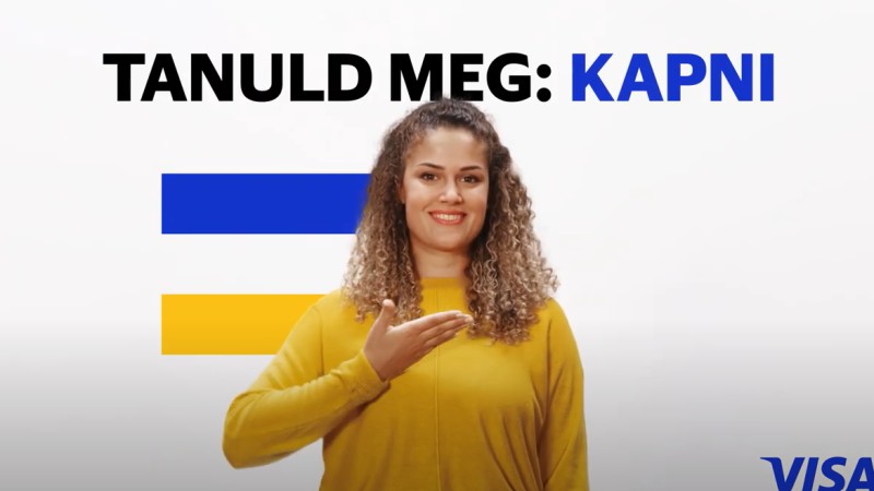 woman in yellow in front of visa flag and tanuld meg kapni