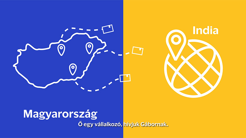 blue and yellow background with map of Hungary + cards flying at internet symbol