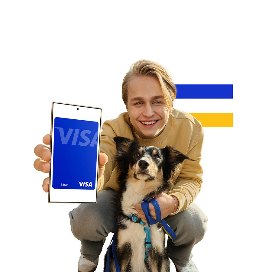 Person with dog, holding phone